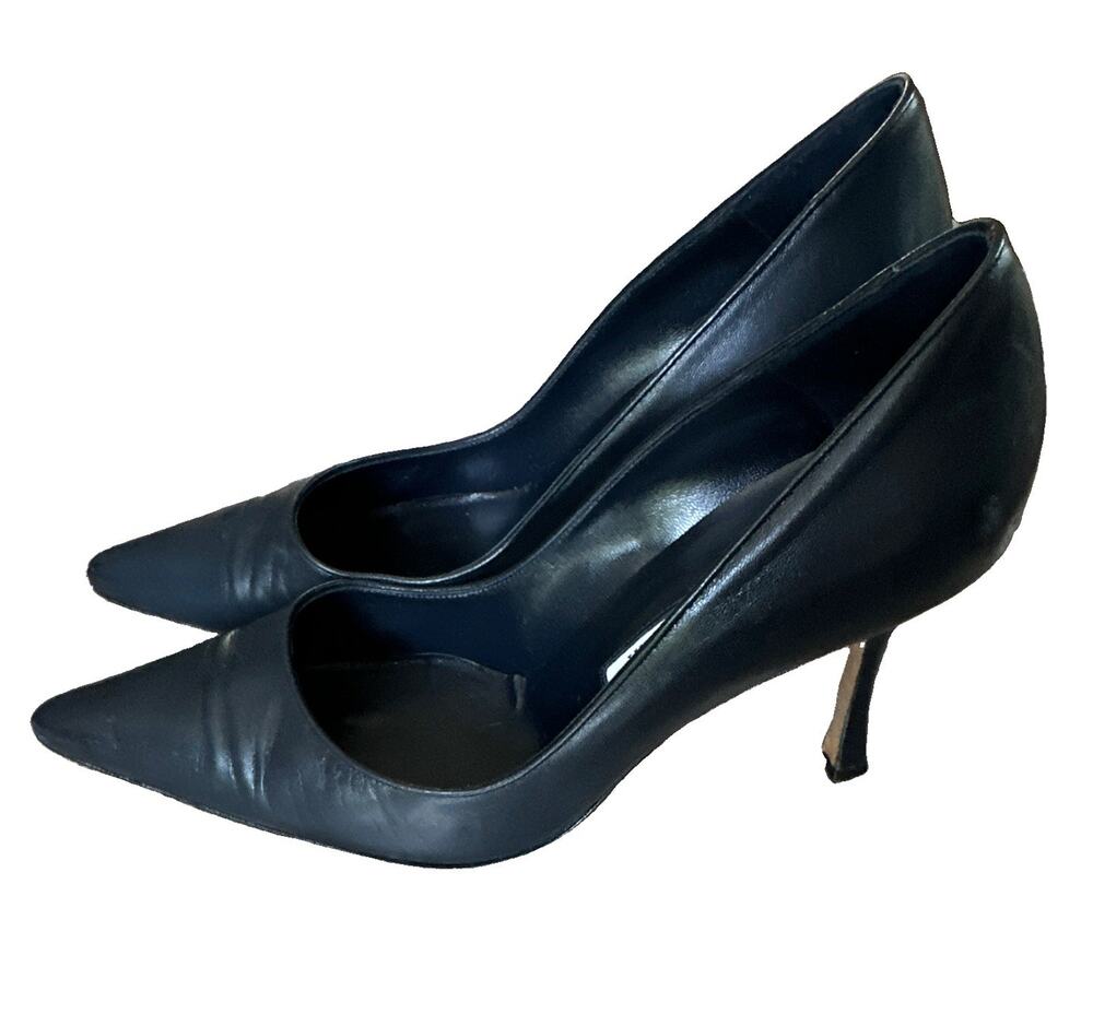Manolo Blahnik NAVY Leather Pointed Toe Stiletto Slip On Pumps EU 39